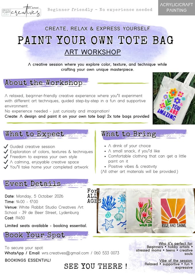 paint your own tote bag art workshop