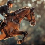 dynamic equestrian showcase with horse leaping over obstacle.