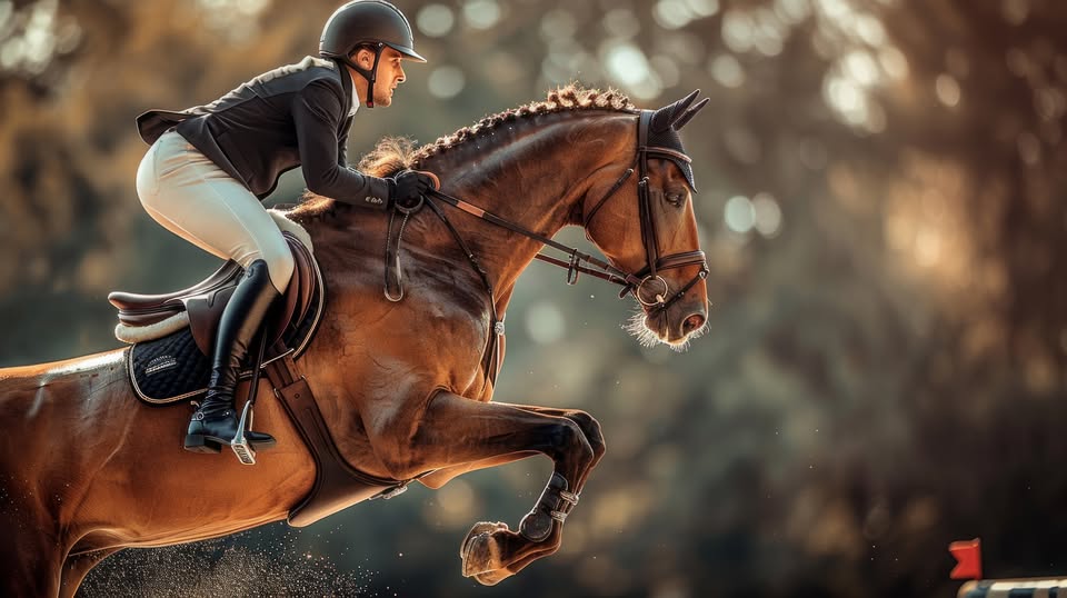 dynamic equestrian showcase with horse leaping over obstacle.